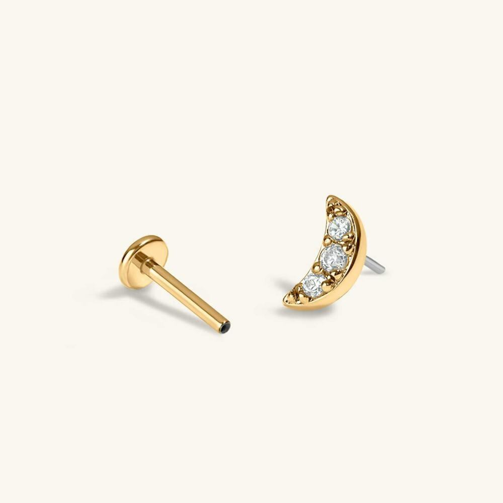 Maison Miru Pave Moon Push Pin Flat Back Earring - 6mm Titanium Gold